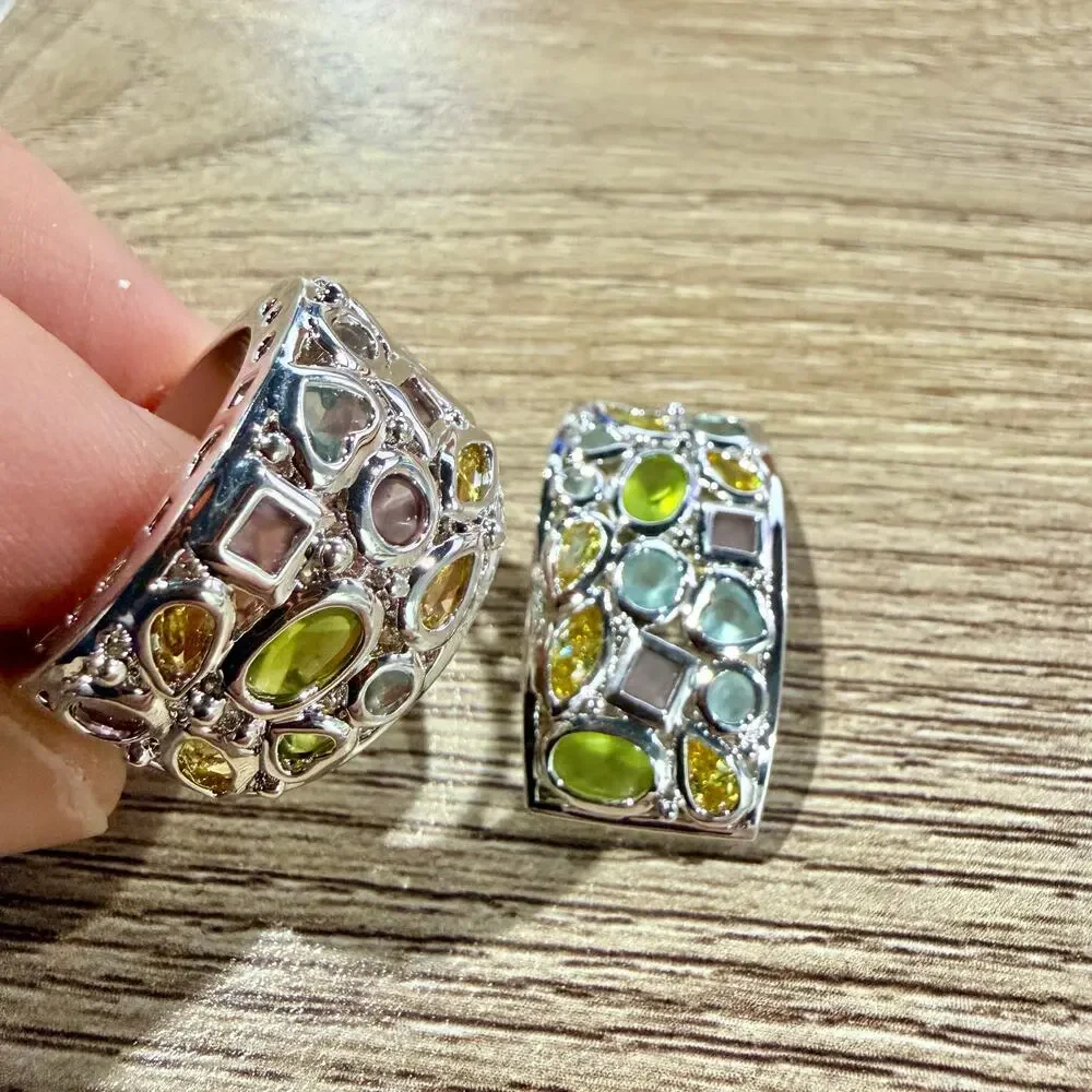 Cubic Zirconia CZ White Gold Rhodium Plated Silver Multi Gem Ring, Pendant Set - Picture 2 of 10